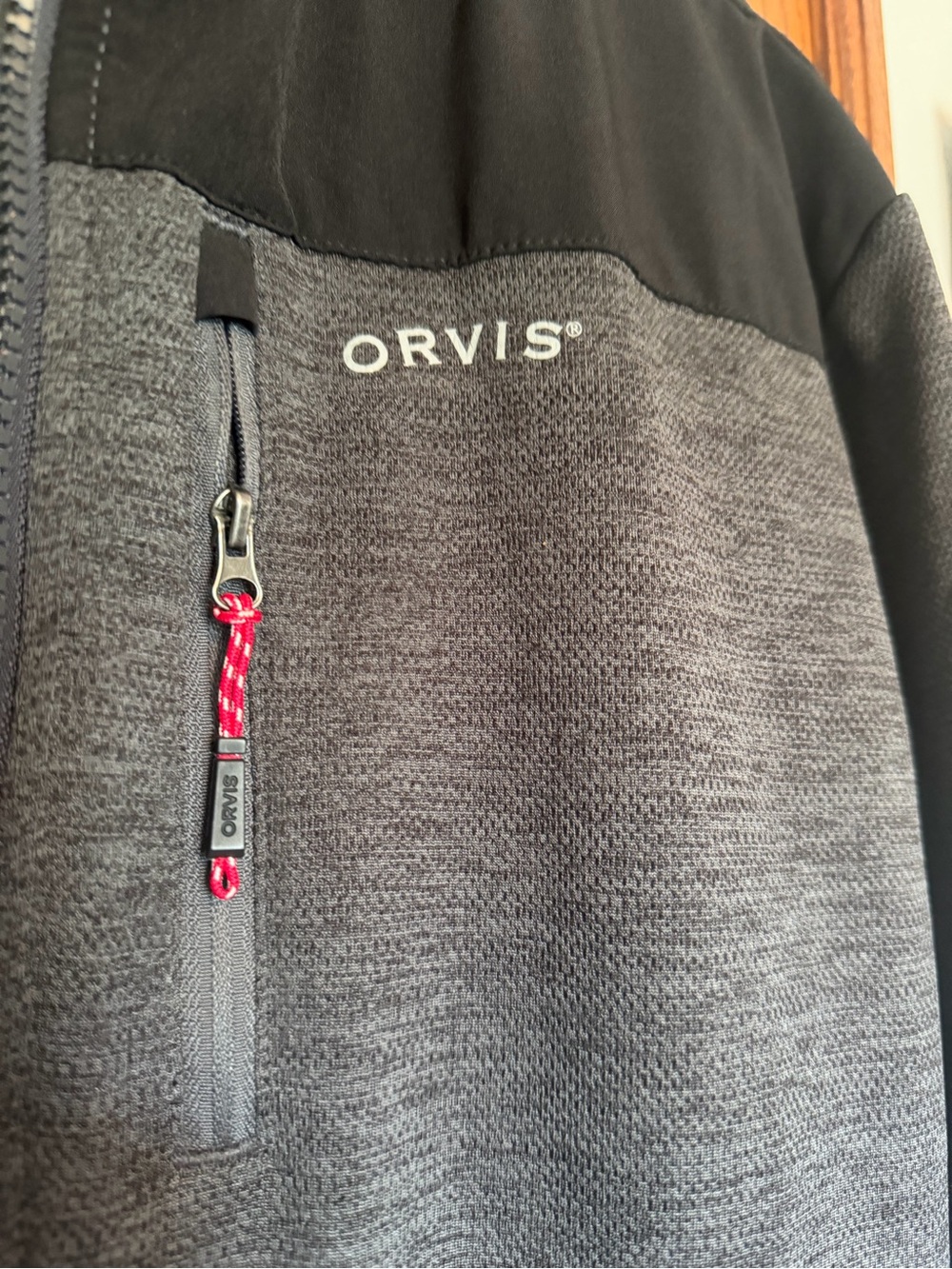 Orvis Men's Charcoal and Black Zip-Up Sweater jacket with Red Accent Size XL